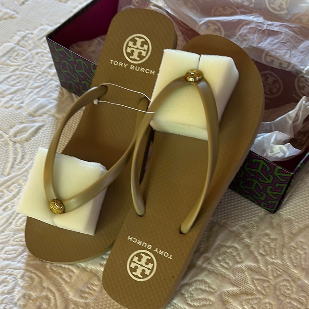 Tory Burch Gold Flip Flops